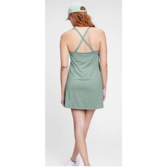 GapFit Brushed Tech Jersey Dress with Built in Shorts in Sage - Picture 2 of 15